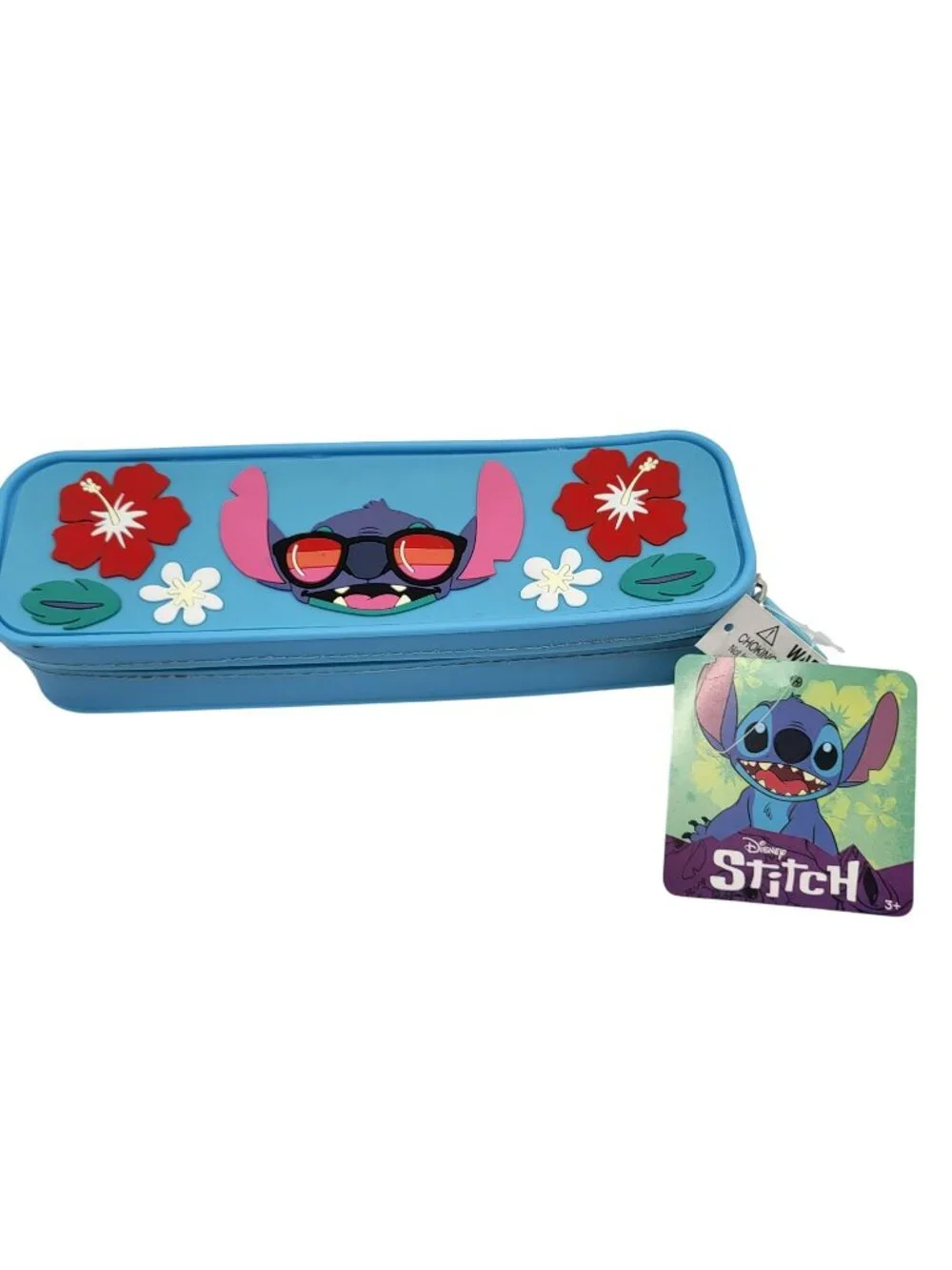 Disney Stitch Pencil Case Box With Zipper Closure & Flower Design Blue